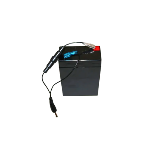 Small black rechargeable battery with attached wires and a plug