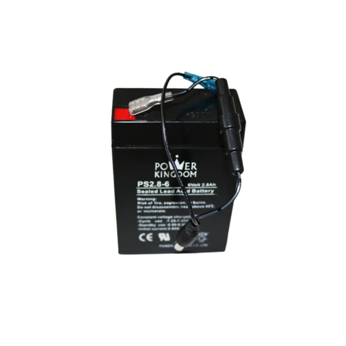 Sealed lead-acid battery labeled Power Kingdom with wires and a fuse attached