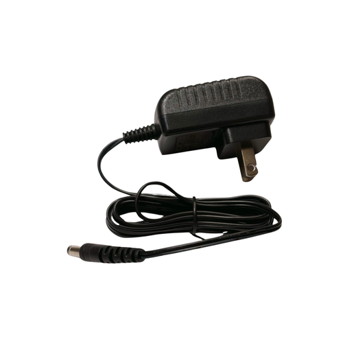 Black A/C adapter with a wall plug and a long cord ending in a round connector