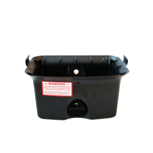 Bottom case, the black plastic housing with a warning label and ball exit opening