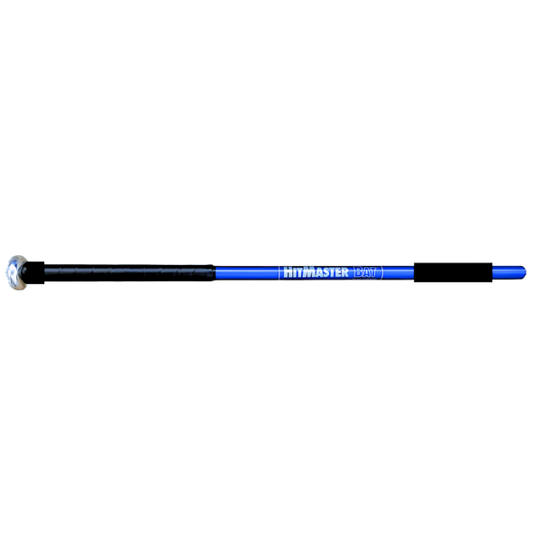 Hitmaster training bat lying sideways, blue barrel with a black grip at one end