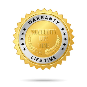 Round gold seal reading Warranty Life Time inside a laurel wreath
