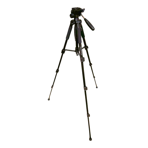 Black camera-style tripod with extended legs and a pan handle