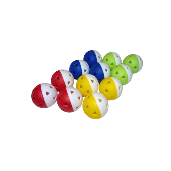 A dozen two-tone focus balls in red, blue, yellow and lime green, each with a white half