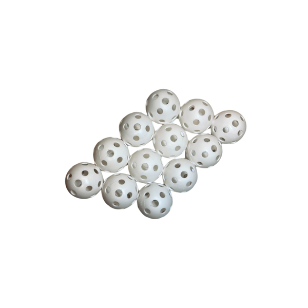A dozen white small Wiffle golf balls
