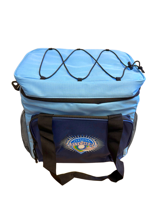 Top of the light blue travel bag with a criss-cross bungee cord on the lid and a navy front pocket