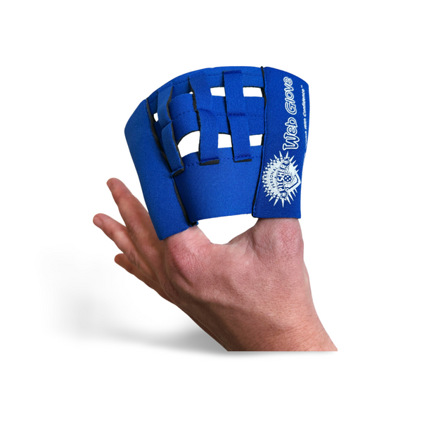 Web Glove worn on the thumb and index finger, seen from the back